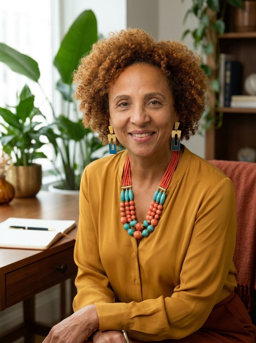 Marcia Ayacaba in an ochre blouse, main portrait